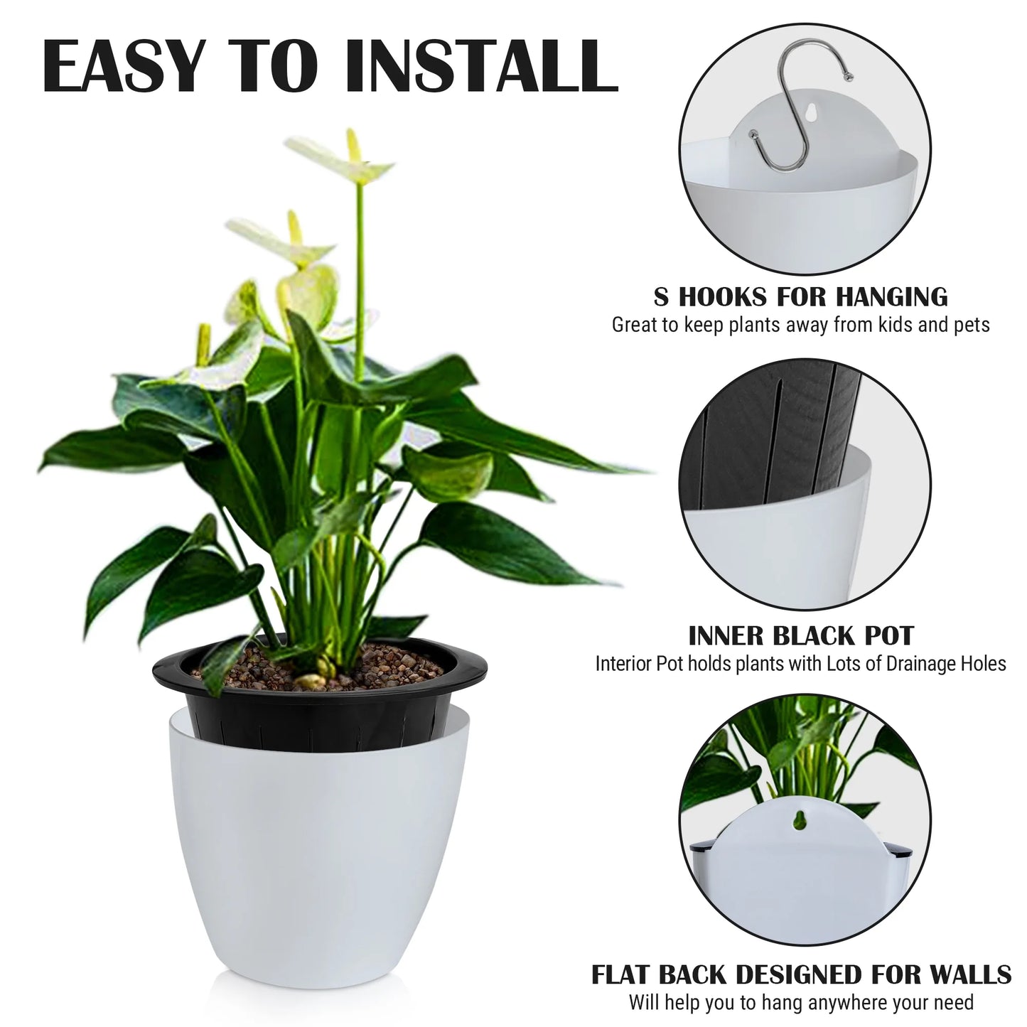 Self Watering Wall Planters for Indoor Plants 7 Pack | Outdoor Wall Planters | Medium 5 Inch with Hooks PL34