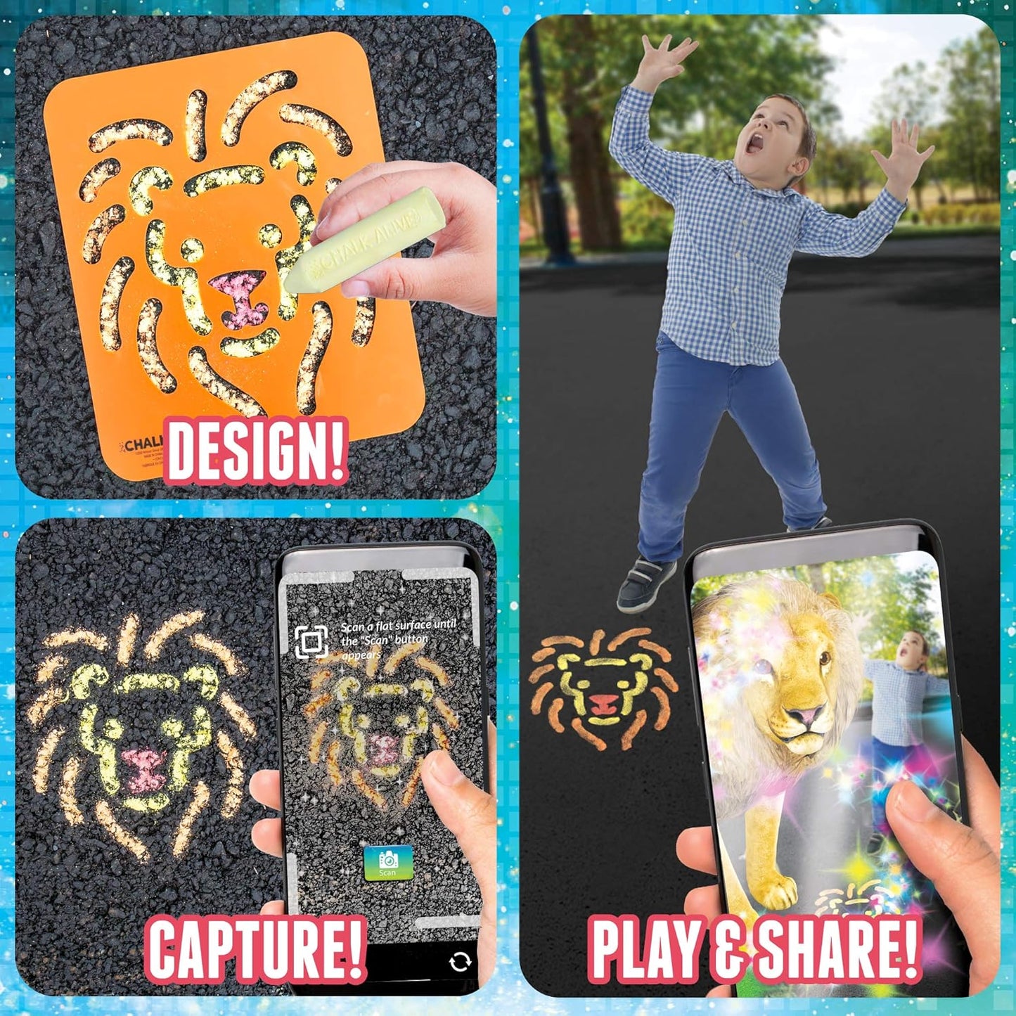By , Augmented Reality Chalk Art, Watch a Lion, Tiger & Dolphin Come Alive, Includes 6 Interactive Chalks, 3 Reusable Stencils