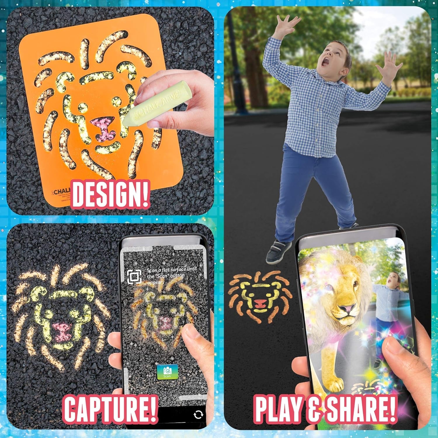 By , Augmented Reality Chalk Art, Watch a Lion, Tiger & Dolphin Come Alive, Includes 6 Interactive Chalks, 3 Reusable Stencils