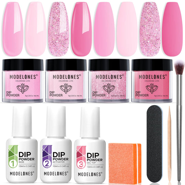 Dip Powder Nail Kit Starter, 4 Colors Light Hot Pink Glitter Dipping Powder Essential Liquid Set with Base Top Coat Activator French Nail Art Beginner Manicure DIY Salon Mother'S Day Gift