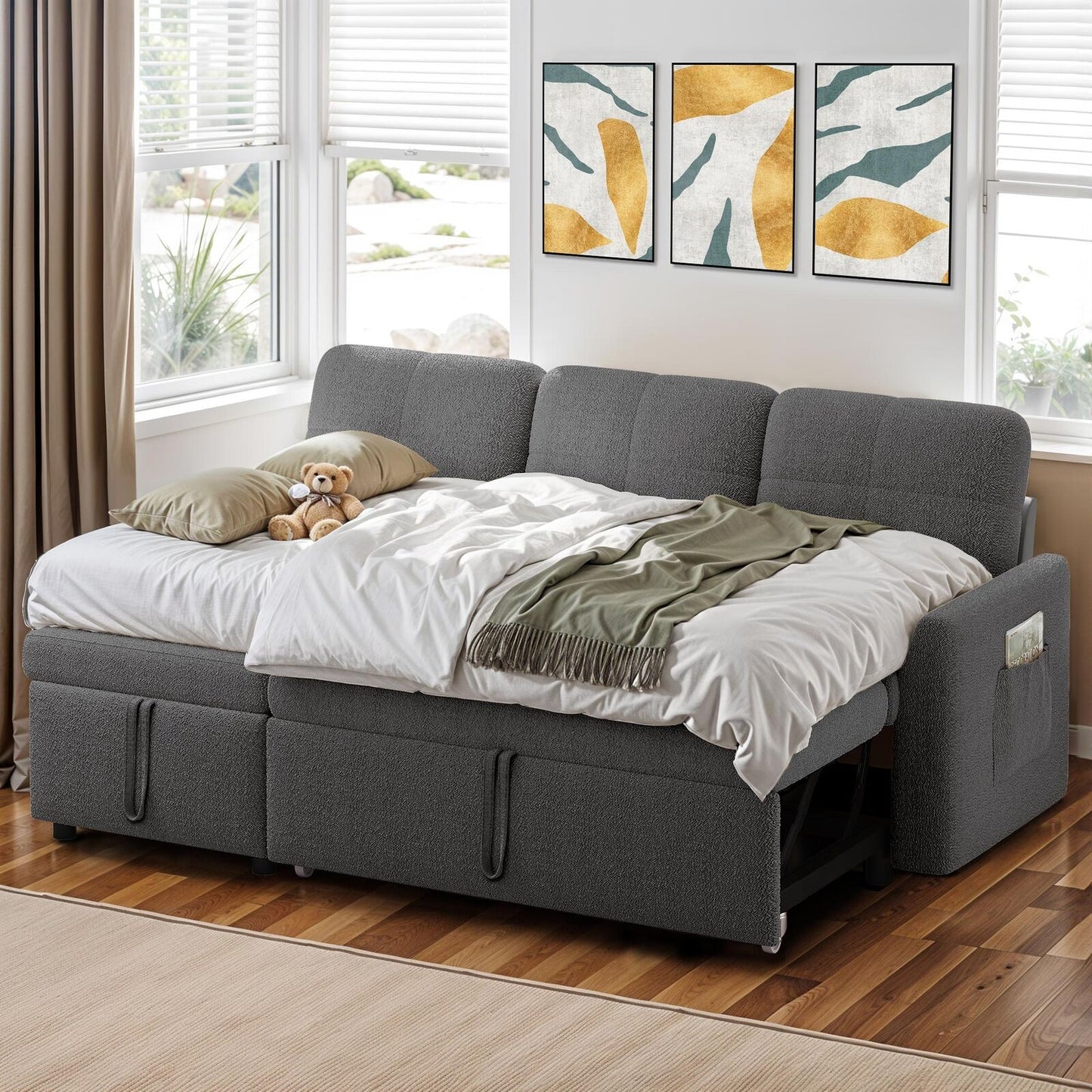 2-In-1 Convertible Pull-Out Sleeper Couch L-Shaped Sofa Bed Entertainment Room