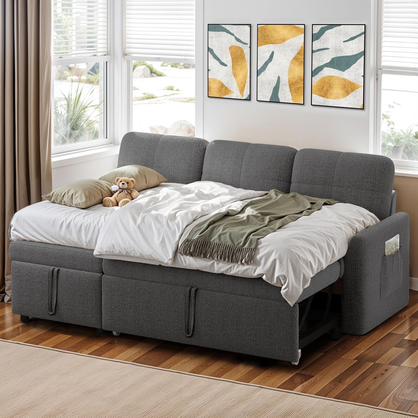 2-In-1 Convertible Pull-Out Sleeper Couch L-Shaped Sofa Bed Entertainment Room