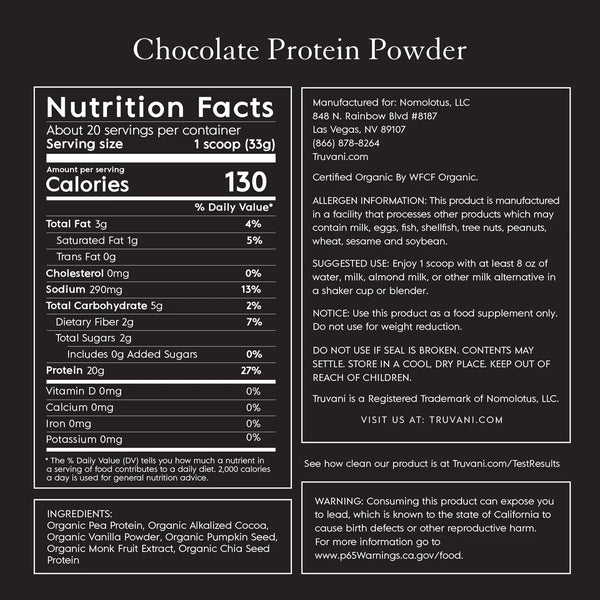 Organic Plant Based Protein Powder - Chocolate (1.48 Lbs. / 20 Servings)