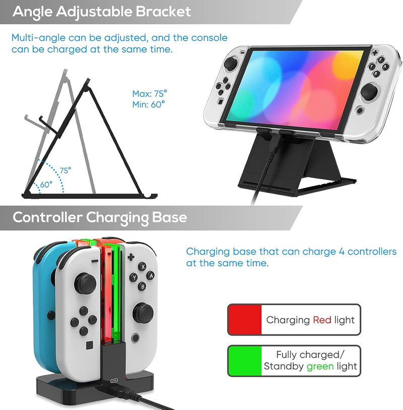 Accessories Bundle Compatible with Switch OLED Incuding Carrying Storage Case, Charging Dock, Protective Cover, Screen Protector, Handle Grips, Holder Stand, Thumb Grips & More - White