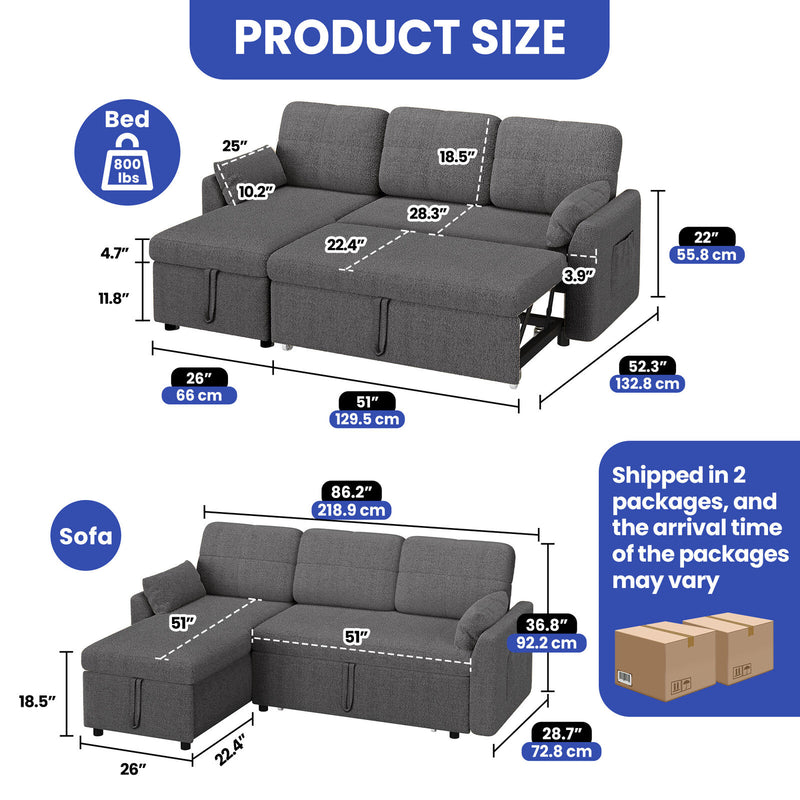 2-In-1 Convertible Pull-Out Sleeper Couch L-Shaped Sofa Bed Entertainment Room