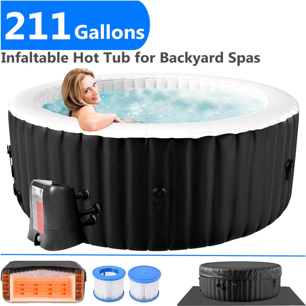 211 Gallon Inflatable Hot Tub 4 Person round with Cover, Portable Outdoor Airjet Hot Tub Spa with 110 Bubble Jets, Filter, Control Panel,And Floor Protector, Temperature up to 104°F