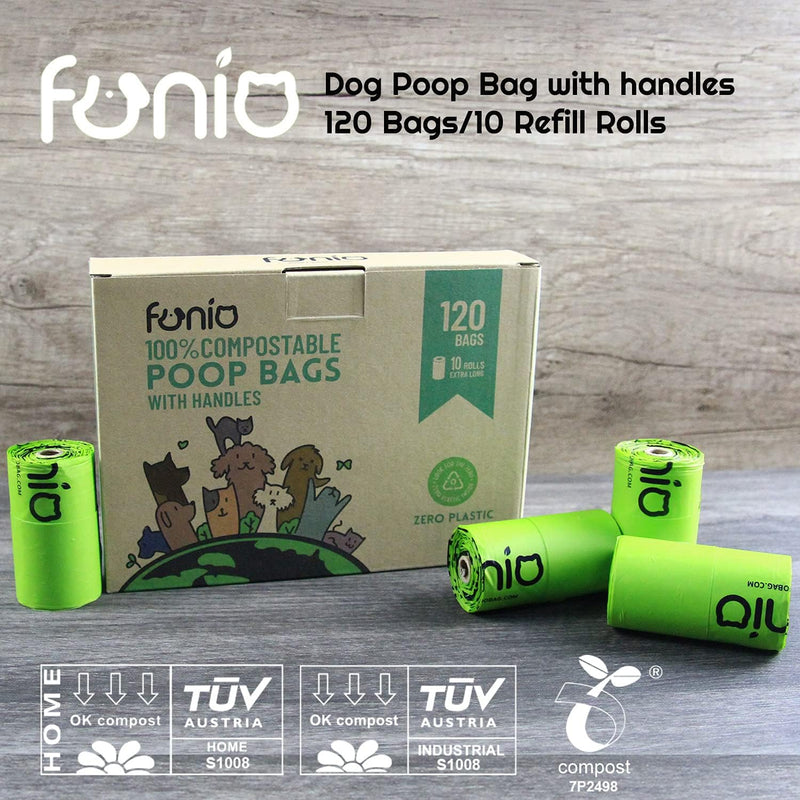 120 Counts Biodegradable Dog Poop Bag with Handles, 100% Compostable Vegetable Corn Starch Based Dog Poop Bags on Refill Rolls, Home Compost Poop Bags for Dogs and Cat Litters