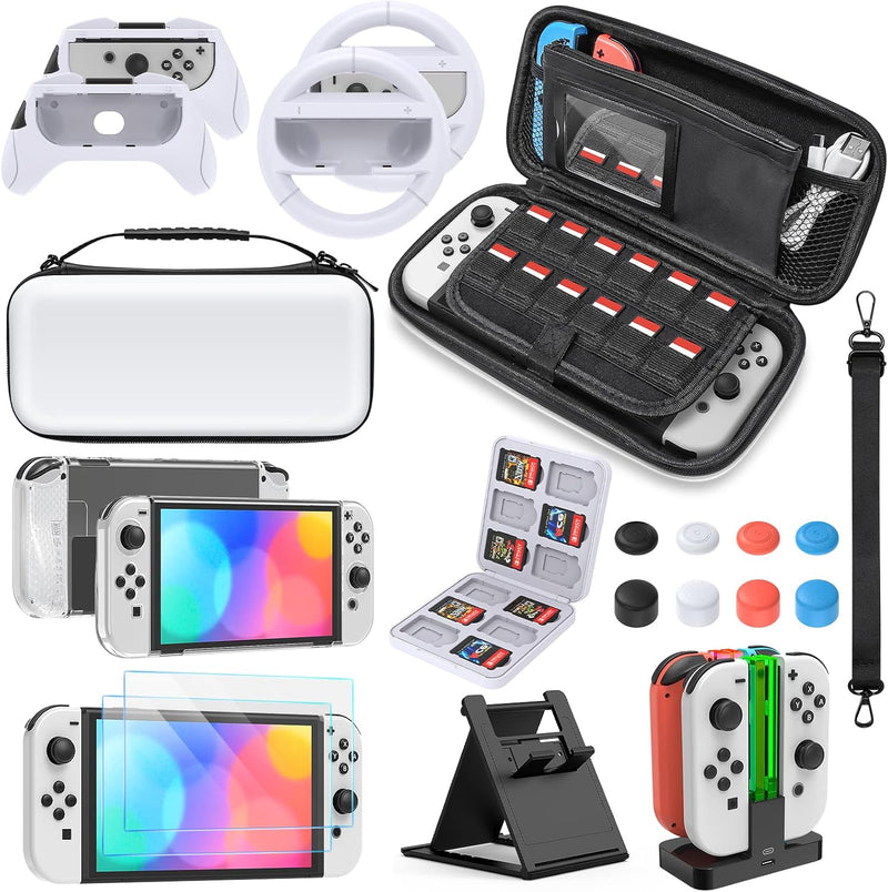 Accessories Bundle Compatible with Switch OLED Incuding Carrying Storage Case, Charging Dock, Protective Cover, Screen Protector, Handle Grips, Holder Stand, Thumb Grips & More - White