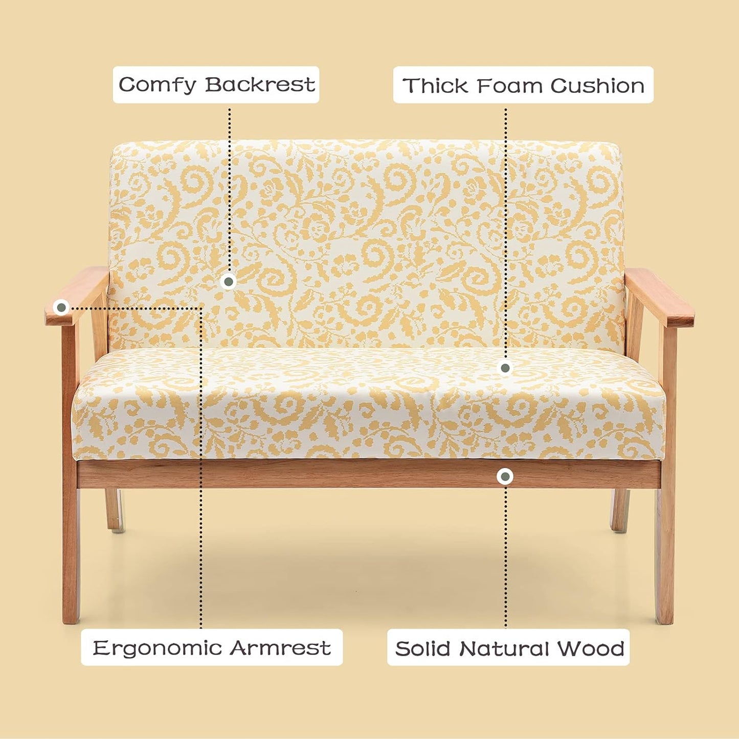 Love Seats Furniture Bedroom Couches for Small Spaces Wooden Sofa Floral Settee Bench Linen Fabric Upholstered Dining Bench with Back Yellow