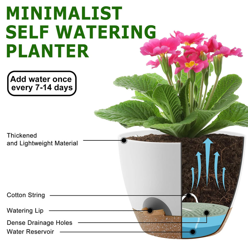 Plant Pots 10/9/8/7.5/7 Inch Self Watering Pots, Set of 5 Plastic Planters with Drainage Holes and Saucers, Plastic Flower Pots, Nursery Planting Pot for Indoor Out Door Plants White