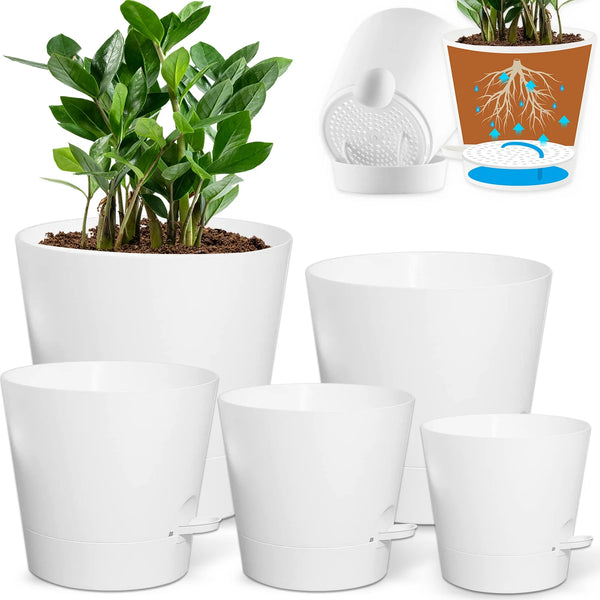 Self Watering Planters, 5/5.5/6/6.5/7 Inch Self Watering Plant Pots for Indoor and Outdoor Plants, 5 Pack