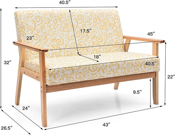 Love Seats Furniture Bedroom Couches for Small Spaces Wooden Sofa Floral Settee Bench Linen Fabric Upholstered Dining Bench with Back Yellow