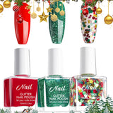 Christmas Glittter Nail Polish Set, Red & Green Nail Gel Polish, Sparkling Red Glitter Nail Polish Quick Dry, Long Lasting Gel Nail Polish for Women & Girls, Chunky Glitter Nail Polish, 10ML Each