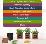 Indoor Herb Garden Kit - Includes 3 Wooden Herb Pots, Internal Drip Trays, Soil Pellets, Chalk, Instructions Booklet and Basil, Oregano & Thyme Non GMO Herb Seeds. DIY Kitchen Herbs Growing Kit.