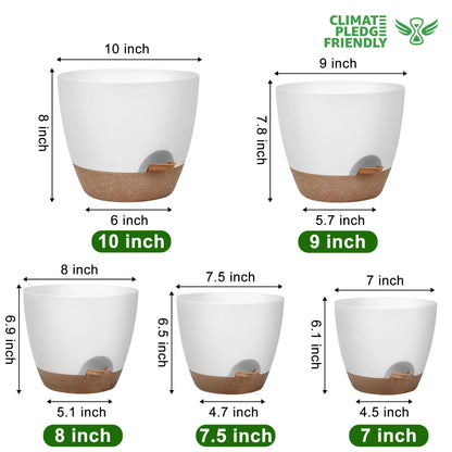 Plant Pots 10/9/8/7.5/7 Inch Self Watering Pots, Set of 5 Plastic Planters with Drainage Holes and Saucers, Plastic Flower Pots, Nursery Planting Pot for Indoor Out Door Plants White