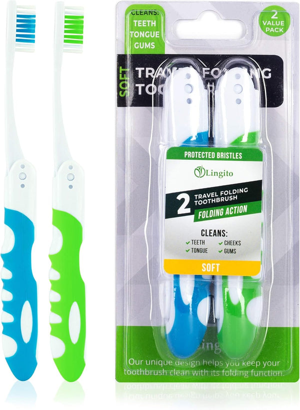 Travel Toothbrush, Portable Toothbrush Built in Cover, Travel Size Toothbrush for Hiking, Camping, and Traveling, Folding Toothbrushes, Collapsible Blue-Green Travel Toothbrush Kit (2 Pack-Soft)