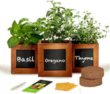 Indoor Herb Garden Kit - Includes 3 Wooden Herb Pots, Internal Drip Trays, Soil Pellets, Chalk, Instructions Booklet and Basil, Oregano & Thyme Non GMO Herb Seeds. DIY Kitchen Herbs Growing Kit.