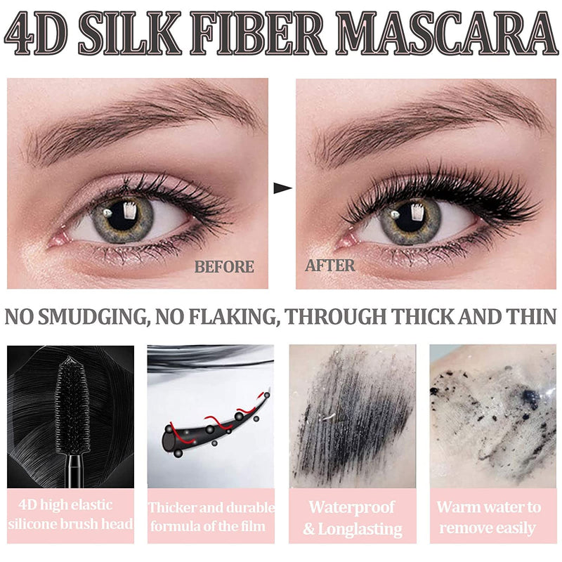 4 Pcs 4D Silk Fiber Lash Mascara Liquid Lash Extension Makeup Eye Lash Kit Luxuriously Longer Thicker Voluminous Eyelashes Waterproof Smudge-Proof Natural No Clumping Smudging Lasting All Day