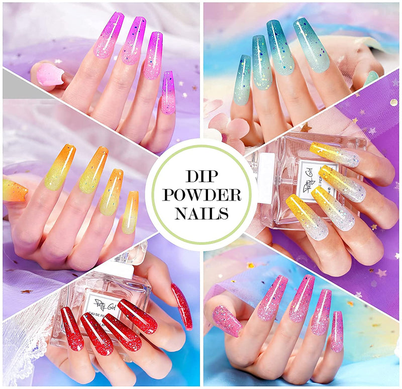 Dip Powder Nail Kit-12 Colors Dip Manicure Kit Glitter Sun Color Changing Dipping Powder Set with Base Top Coat for Professionals Beginners Classic French Nail Art Home Salon DIY