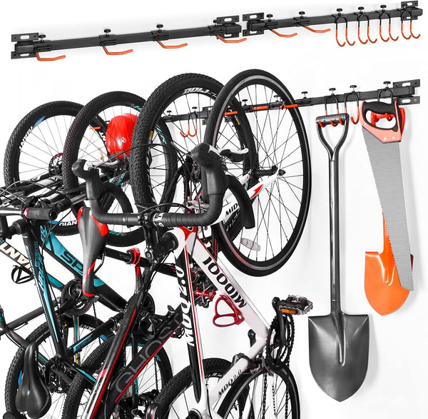 Bike Storage Rack Wall Mount, 6 Garage Bike Rack and 4 Garage Tool Hooks, Bike Hanger for Garage, Garage Bike Wall Organization Garden Tool Organizer, Utility Rack (2-Pack)