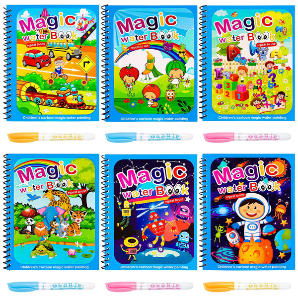 6Pcs Magic Water Coloring Books, Reusable Painting Coloring Books with Water Drawing Pens, Educational Learning Toys for Toddlers Kids