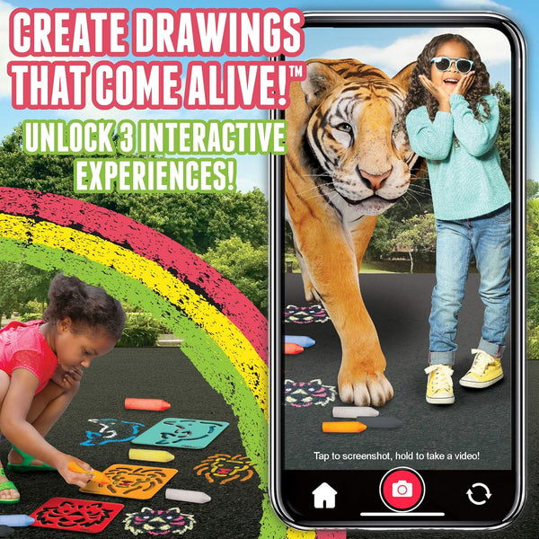 By , Augmented Reality Chalk Art, Watch a Lion, Tiger & Dolphin Come Alive, Includes 6 Interactive Chalks, 3 Reusable Stencils