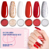 Beetles Dip Powder Nail Set,6 Colors Red Burgundy Rose Sparkle Milky Snow White Silver Glitter, Dipping Powder Starter Kit French Nail Art DIY Salon No Need Nail Lamp Cured Valentines Day Gifts