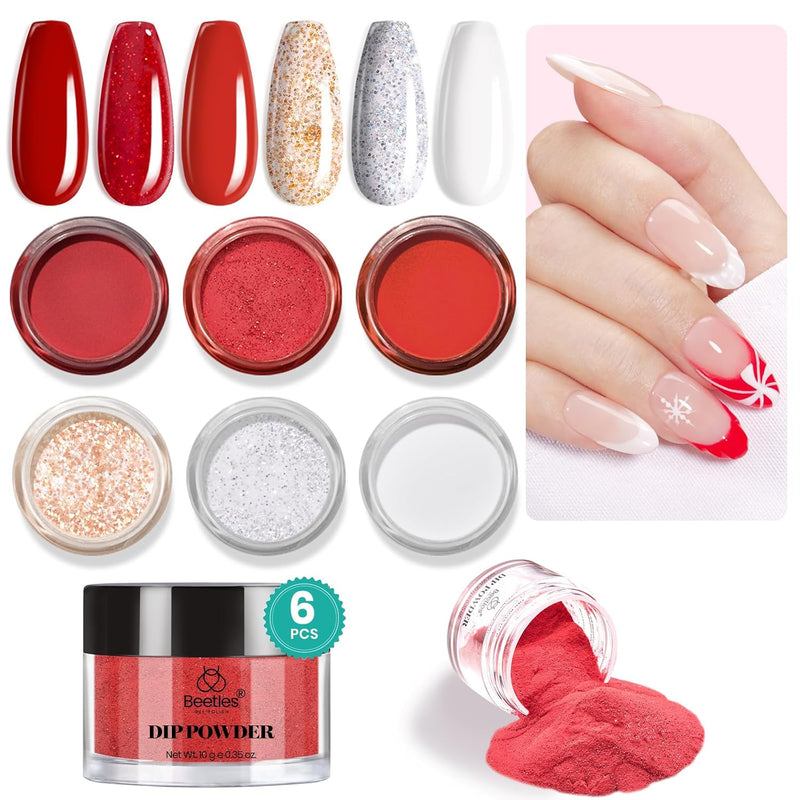 Beetles Dip Powder Nail Set,6 Colors Red Burgundy Rose Sparkle Milky Snow White Silver Glitter, Dipping Powder Starter Kit French Nail Art DIY Salon No Need Nail Lamp Cured Valentines Day Gifts