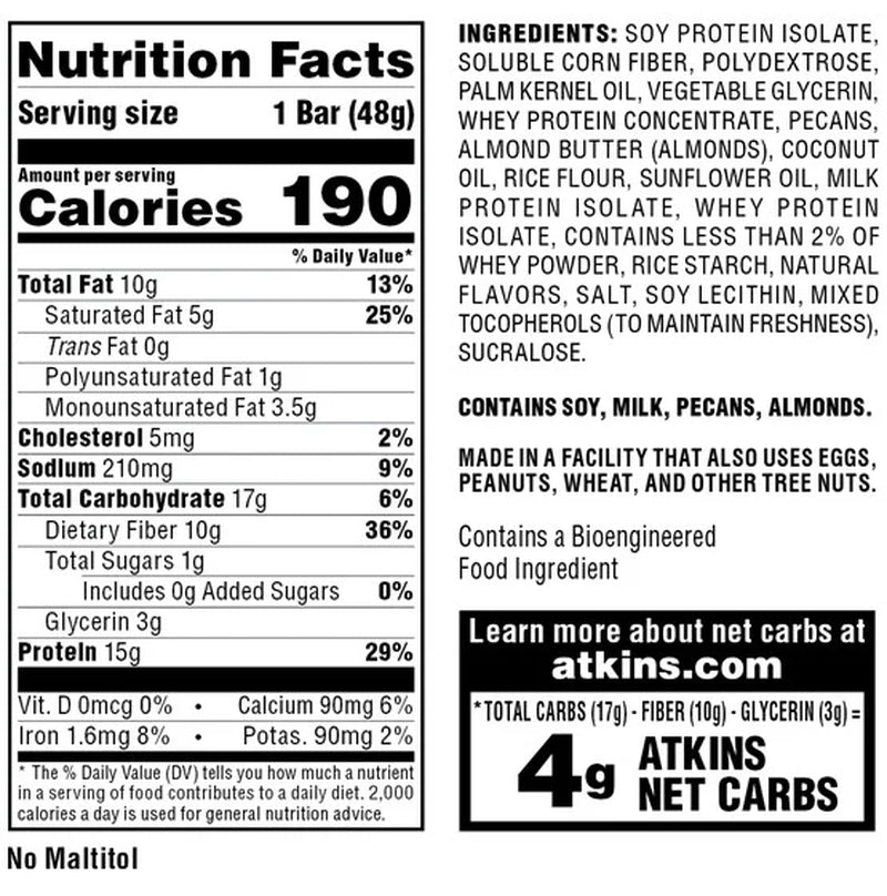 Vanilla Pecan Crisp Protein Meal Bar, High Fiber, Low Sugar, Meal Replacement, Keto Friendly, 6/5 Packs