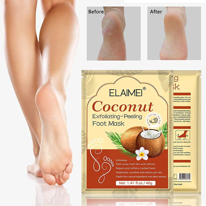 Foot Peel Mask Coconut - for Cracked Heels, Dead Skin Calluses - Removes & Repairs Rough Heels, Dry Feet, Make Your Feet Baby Soft - Natural Exfoliating Peeling Foot Mask 3 Pairs