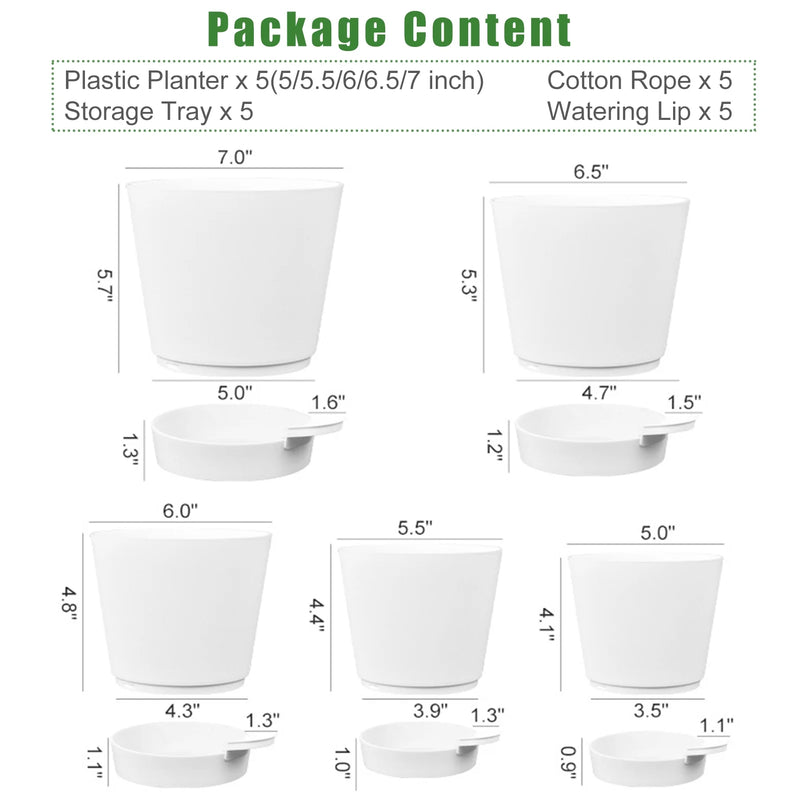 Self Watering Planters, 5/5.5/6/6.5/7 Inch Self Watering Plant Pots for Indoor and Outdoor Plants, 5 Pack