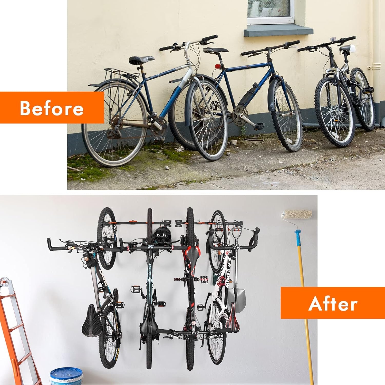 Bike Storage Rack Wall Mount, 6 Garage Bike Rack and 4 Garage Tool Hooks, Bike Hanger for Garage, Garage Bike Wall Organization Garden Tool Organizer, Utility Rack (2-Pack)