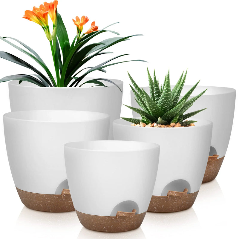 Plant Pots 10/9/8/7.5/7 Inch Self Watering Pots, Set of 5 Plastic Planters with Drainage Holes and Saucers, Plastic Flower Pots, Nursery Planting Pot for Indoor Out Door Plants White