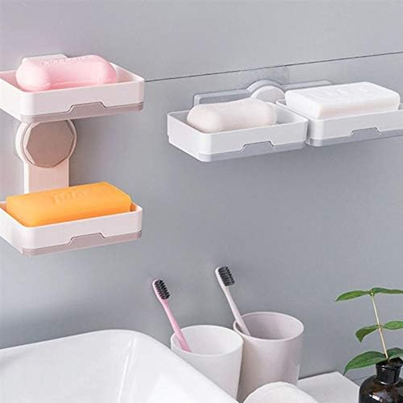 Shower Soap Holder Double Layer Soap Dish with Draining Tray Wall Mounted Soap Dish for Shower No-Drilling Rotatable