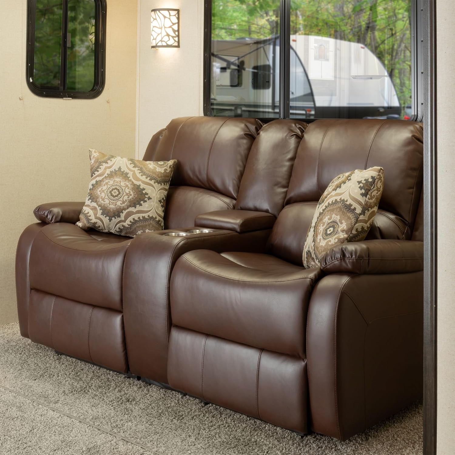 Charles 67" Double Recliner RV Sofa | Zero Wall Loveseat for Camper | Wall Hugger Couch | Fifth Wheel Theater Seating | Upgraded 2023 Fabric (Mahogany)