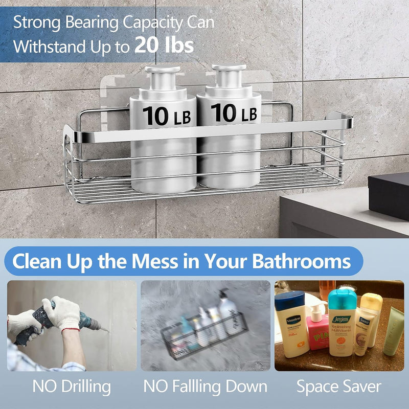 Adhesive Shower Caddy 2 Pack Shower Organizer Shelf, No Drilling Stainless Steel Bathroom Storage Rack for inside Shower Shampoo Conditioner Holder,Silver (Shower Caddy Sliver)