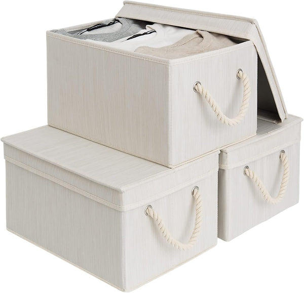 Storage Bins with Lid and Soft Rope Handles, Foldable Storage Basket, Mixing of Beige, White & Ivory, 3-Pack, Large,15.25X10.75X8.5 Inches (Lxwxh)