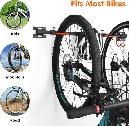 Bike Storage Rack Wall Mount, 6 Garage Bike Rack and 4 Garage Tool Hooks, Bike Hanger for Garage, Garage Bike Wall Organization Garden Tool Organizer, Utility Rack (2-Pack)