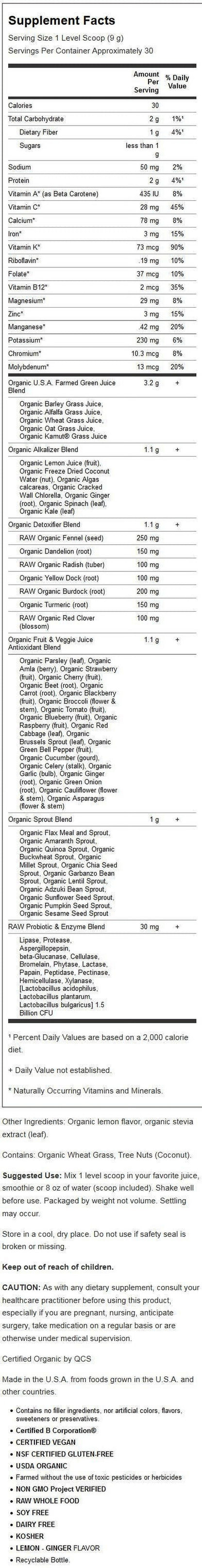 Raw Organic Alkalizer & Detoxifier Green Superfood Powder, Lemon Ginger, 9.94Oz