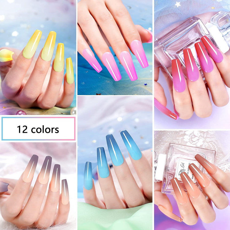 Dip Powder Nail Kit-12 Colors Dip Manicure Kit Glitter Sun Color Changing Dipping Powder Set with Base Top Coat for Professionals Beginners Classic French Nail Art Home Salon DIY