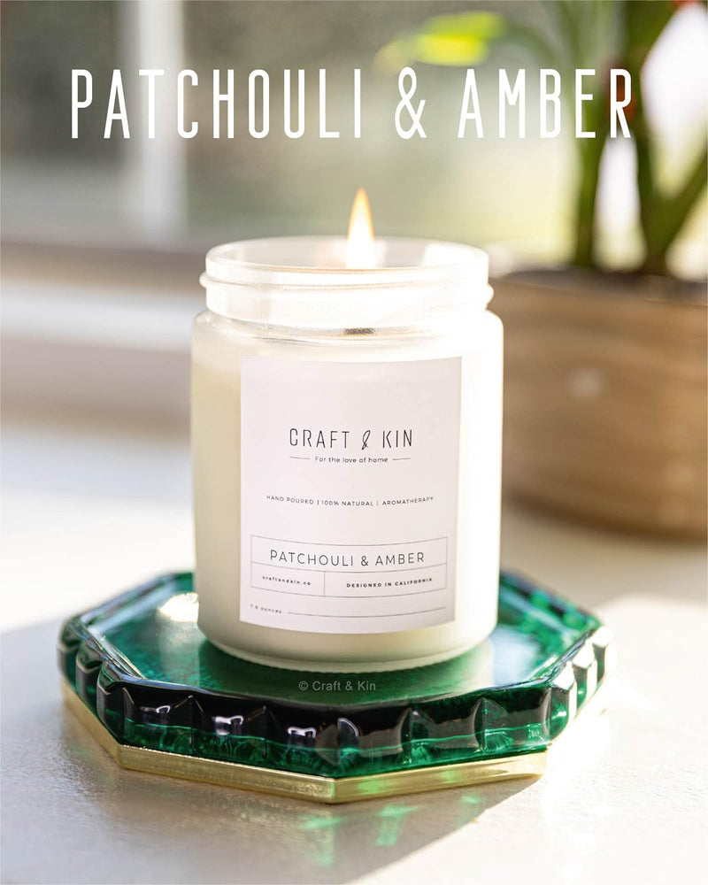 Patchouli & Amber Scented Candle | 8 Oz 45 Hour Long Lasting | Classic Soy Candles Wood Wick | Made with Natural Soy | Gifts for Men and Women