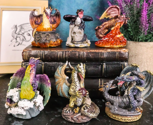 Colorful Medieval Dragon Set Figurines 6 Pcs Statue Small Sculpture Collectible