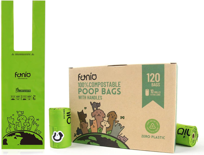 120 Counts Biodegradable Dog Poop Bag with Handles, 100% Compostable Vegetable Corn Starch Based Dog Poop Bags on Refill Rolls, Home Compost Poop Bags for Dogs and Cat Litters