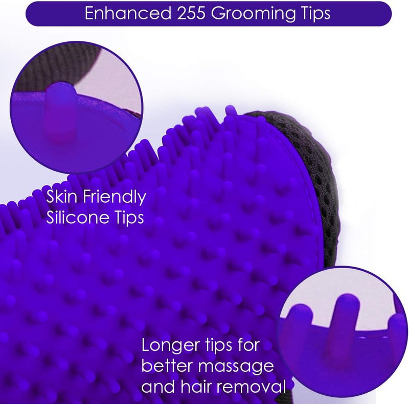 Upgrade Version Pet Grooming Glove - Gentle Deshedding Brush Glove - Efficient Pet Hair Remover Mitt - Enhanced Five Finger Design - Perfect for Dog & Cat with Long & Short Fur - 1 Pair (Purple)