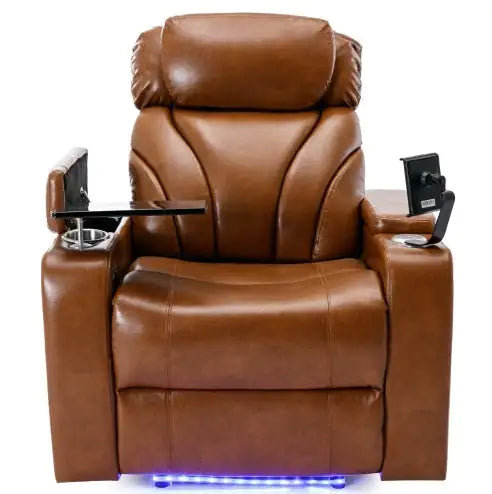 Power Motion Recliner Electric Power Recliner With USB Charging Port, Hidden Arm Storage, Convenient Cup Holder And Bluetooth Speaker, Light Brown