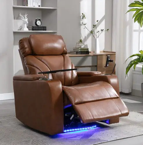 Power Motion Recliner Electric Power Recliner With USB Charging Port, Hidden Arm Storage, Convenient Cup Holder And Bluetooth Speaker, Light Brown