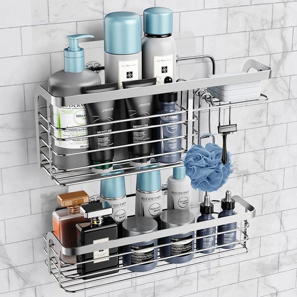 Adhesive Shower Caddy 2 Pack Shower Organizer Shelf, No Drilling Stainless Steel Bathroom Storage Rack for inside Shower Shampoo Conditioner Holder,Silver (Shower Caddy Sliver)