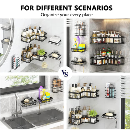 Corner Shower Caddy Organizer, 5 PCS Adhesive Organizer Storage with Soap & Toothbrush Holder, Wall Mounted Rustproof Stainless Steel Bath Rack