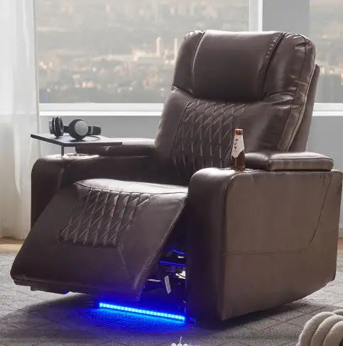 Power Motion Recliner With USB Charging Port And Hidden Arm Storage 2 Convenient Cup Holders Design And 360 Swivel Tray Table,Brown